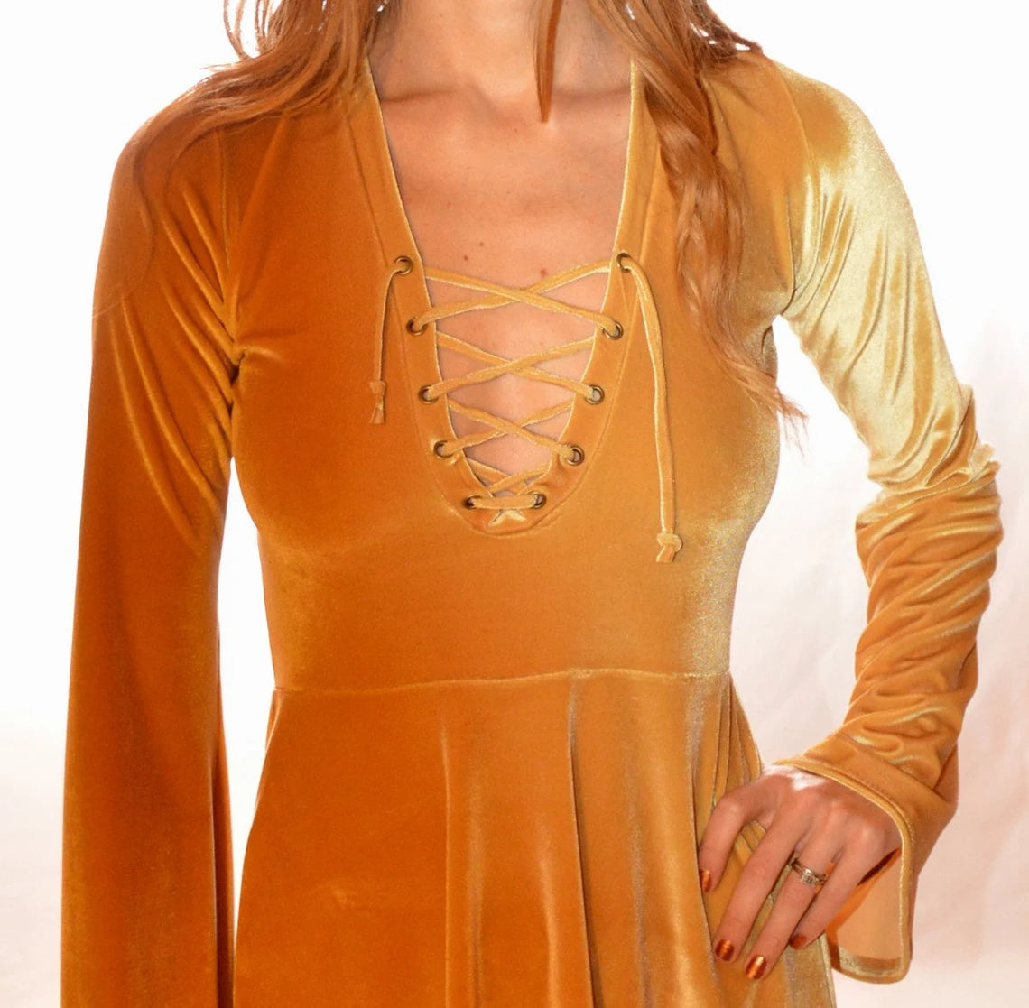 Vestido de fiesta de terciopelo con cordones y mangas acampanadas, minivestido estilo patinador, estilo hippie y bohemio.